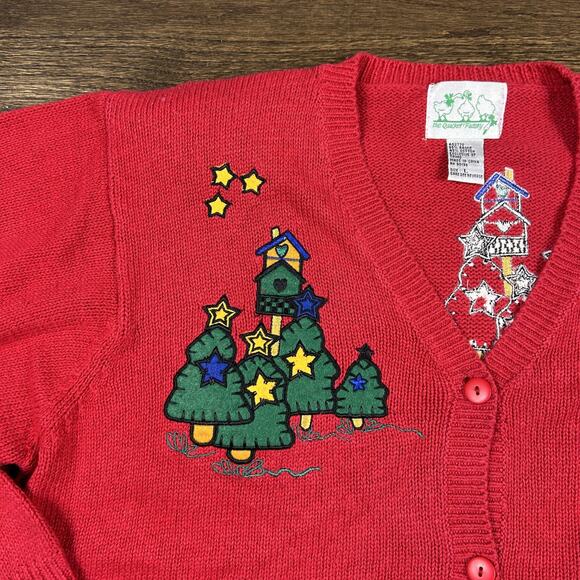 Quacker Factory Sweater Womens Large Red Christmas Tree Santa Cardigan Ugly - Picture 3 of 11